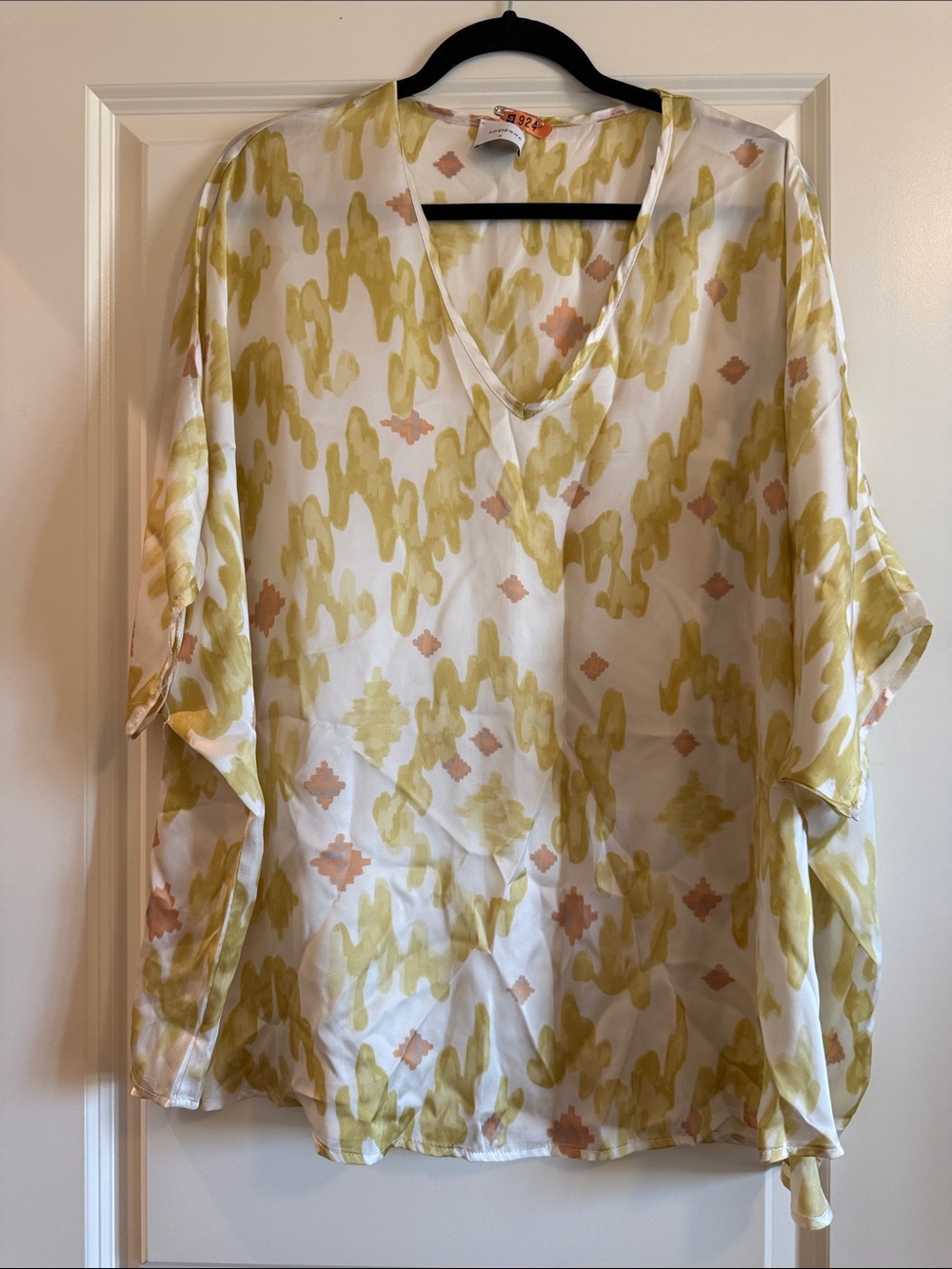 Adrienne White V-Neck Blouse with Yellow and Peach Print